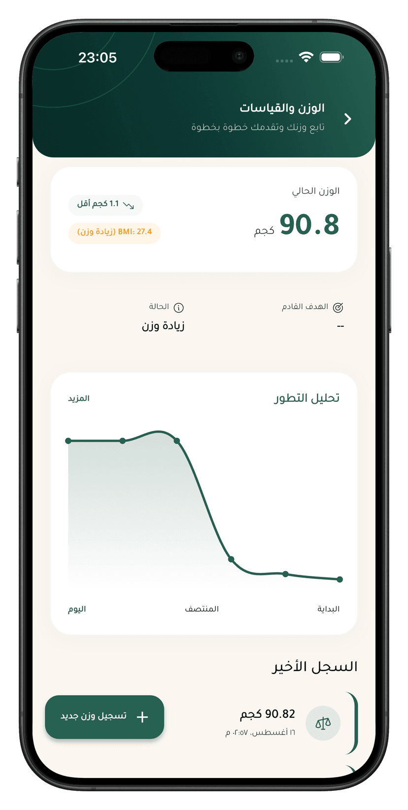 شاشة تتبع الوزن في تطبيق دايتلي